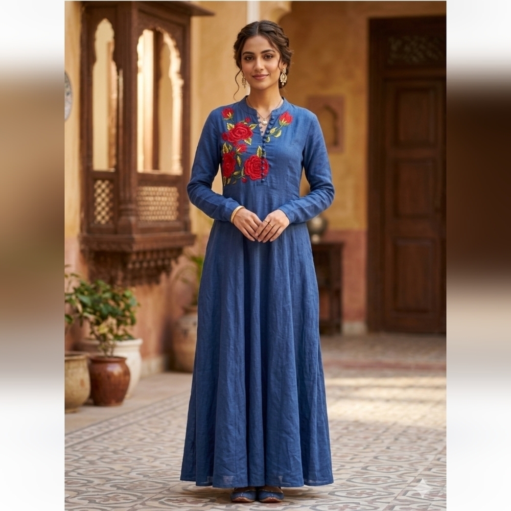 Blue Linen Indian Pakistani Long Sleeve Kurta With Red Floral Embroidery- Sm New